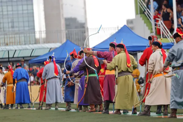Archers in traditional deel at the Naadam festival