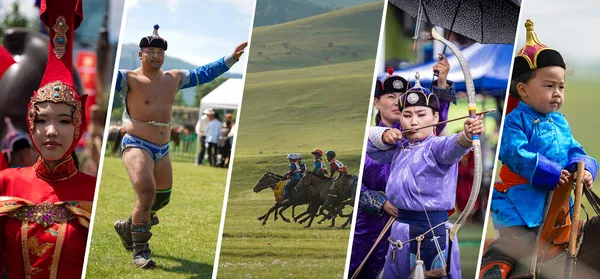 Wrestlers, horse riders and archers at the Naadam festival