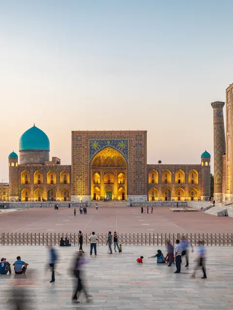 Registan square in Samarkand at dusk